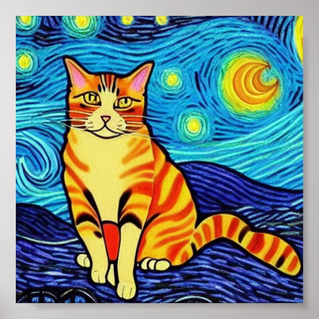 Poster Van Gogh starry night cat (Devant)