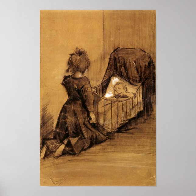Poster Van Gogh - Une fille agenouillée par un berceau (Devant)
