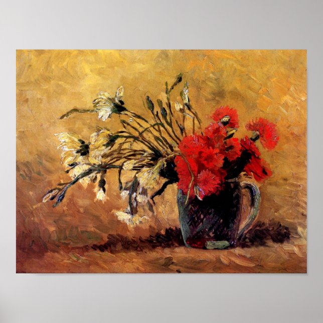 Poster Van Gogh - Vase avec oeillets rouges et blancs (Devant)