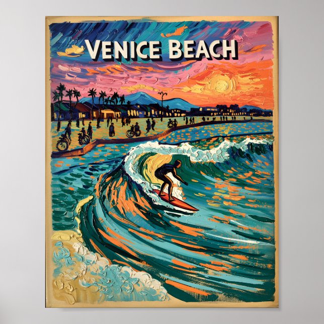 Poster Van Gogh Venice Beach Surf California Retro Travel (Devant)