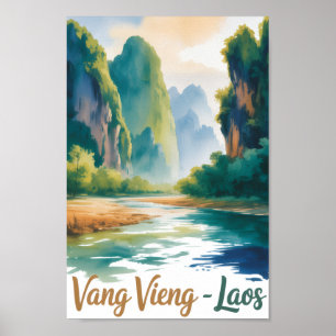 Poster Vang Vieng Laos Peinture Aquarelle Vintage