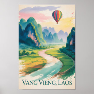 Poster Vang Vieng Laos Peinture Aquarelle Vintage