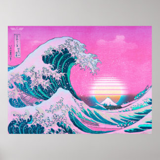 Poster Vaporwave esthétique Grande vague au large de Kana