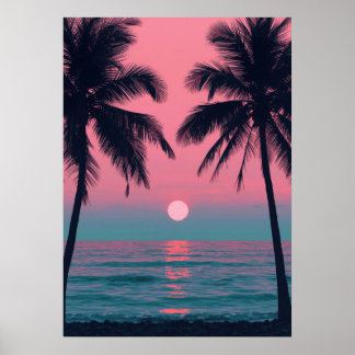 Poster Vaporwave Sunset Palm Trees – Aesthetic Beach Wall
