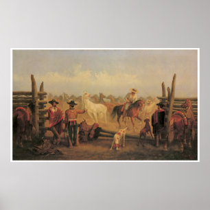 Poster Vaqueros Roping des chevaux dans un corral, 1877