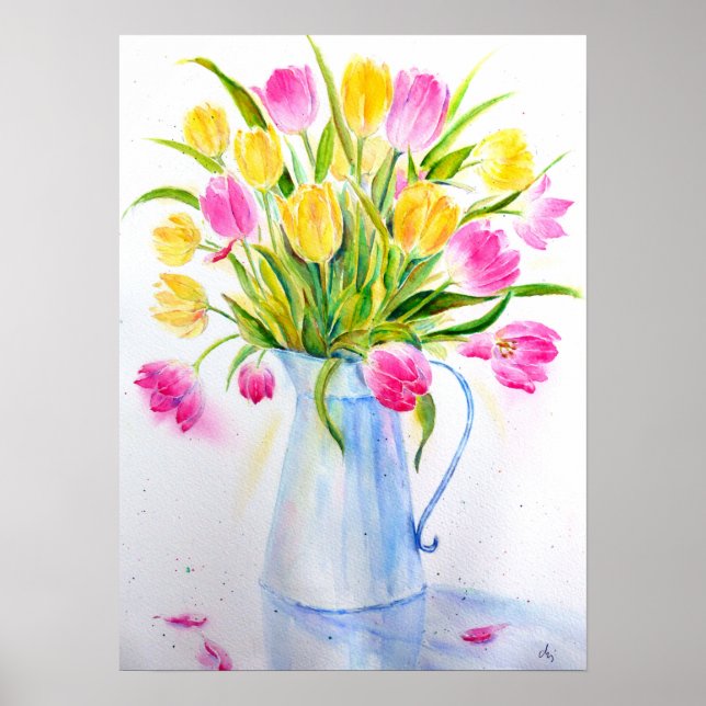 Poster Vase aquarelle des tulipes (Devant)