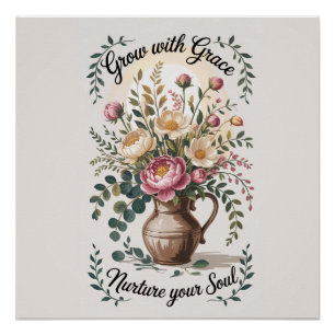 Poster Vase Avec Floraux Croissance Avec Citation Grace