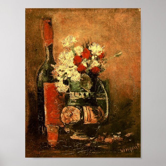 Poster Vase avec oeillets Roses & Bouteille Van Gogh Fine (Devant)