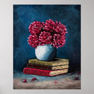 Poster Vase de fleurs Bleu rose Livres Lecture Vie morte