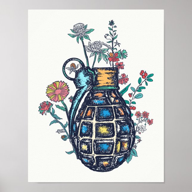 Poster Vase de grenade à main de fleurs (Devant)