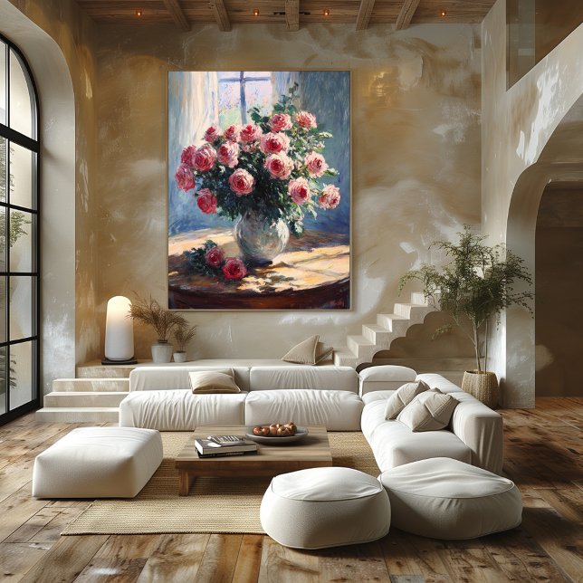 Poster Vase de roses roses par fenêtre - Art impressionni (Créateur téléchargé)
