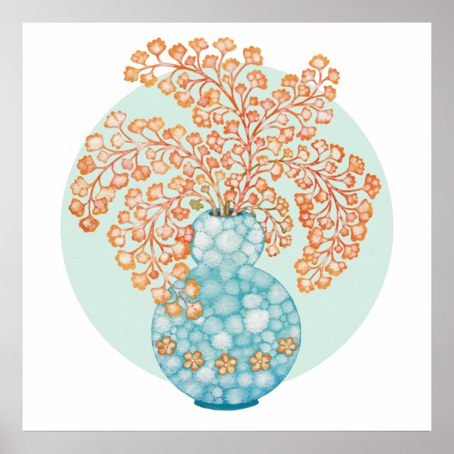 Poster Vase d'eau turquoise Feuille ocre jaune (Devant)
