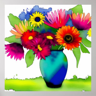Poster Vase et fleurs à l'aquarelle vibrant