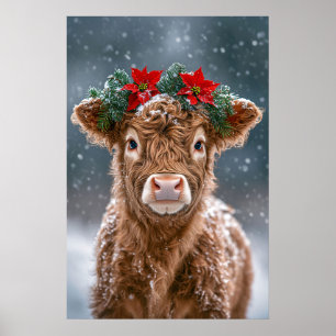 Poster Veau dans la neige avec un couronne de poinsettias