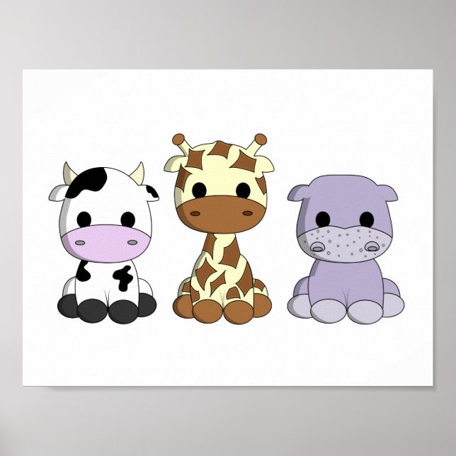 Poster Veau giraphe hippopotame mignon dessin animé nurse (Devant)