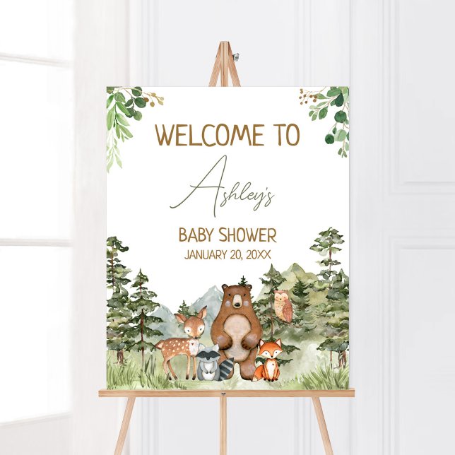 Poster Végétal Bois Animaux Baby shower Bienvenue (Greenery Forest Animals Baby Shower Welcome Sign)