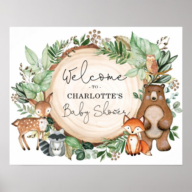 Poster Végétal mignon Bois Animaux Baby shower Bienvenue (Devant)