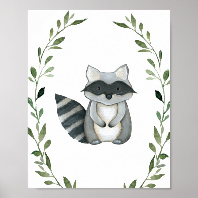 Poster Végétal Raccoon Bois Animaux Pépinière Mur Art (Devant)