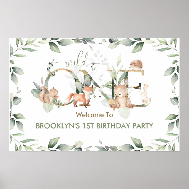 Poster Végétation Bois Animaux 1er anniversaire Bienvenue (Devant)