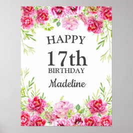 Poster Végétation florale rose Blanc Joyeux anniversaire