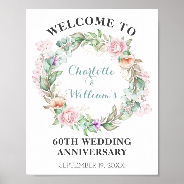 Poster Végétation rose 60e Anniversaire du Mariage Diamon (Devant)