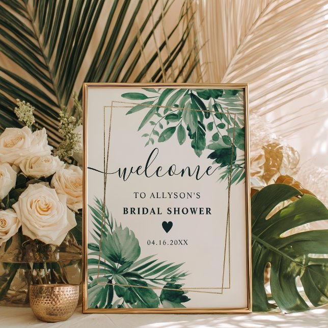 Poster Végétation tropicale aquarelle douche nuptiale bie (Tropical greenery watercolor bridal shower welcome poster)