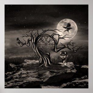 Poster Vegvisir Tree Moon landscape - sepia