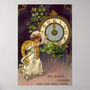 Poster Veille du Nouvel An victorienne vintage, Horloge à