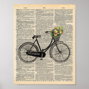 Poster Vélo d'art mural du dictionnaire vintage avec fleu