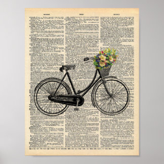 Poster Vélo d'art mural du dictionnaire vintage avec fleu