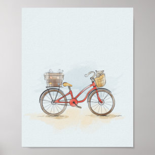 Poster Vélo rouge aquarelle et chat