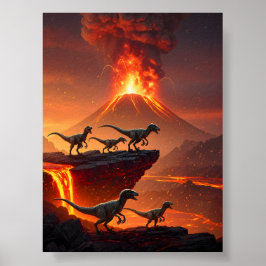 Poster Velociraptor's avec un volcan ébranlant