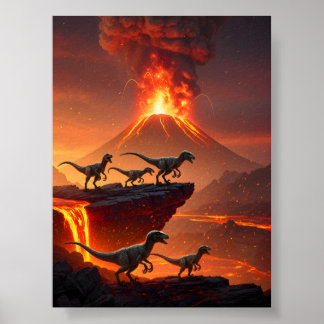 Poster Velociraptor's avec un volcan ébranlant