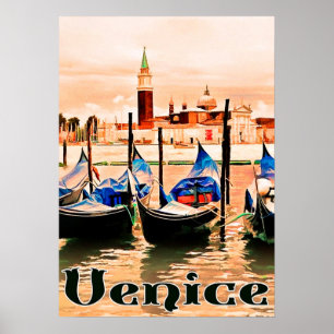 Poster Venise, Italie, bateaux sur le port de la ville, v