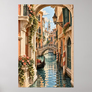 Poster Venise Italie Gondole Canal et Mur de Pont en Pier