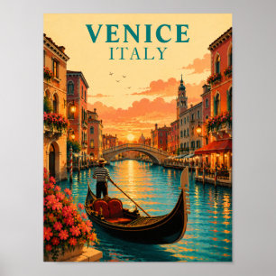 Poster Venise romantique Italie Coucher de soleil Gondole