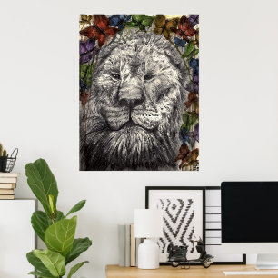 Poster Vent sous mes ailes Lion Papillons Art animalier