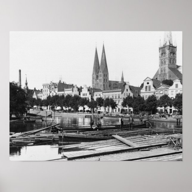 Poster Vente de bois sur la rivière Trave, Lubeck, c.1910 (Devant)