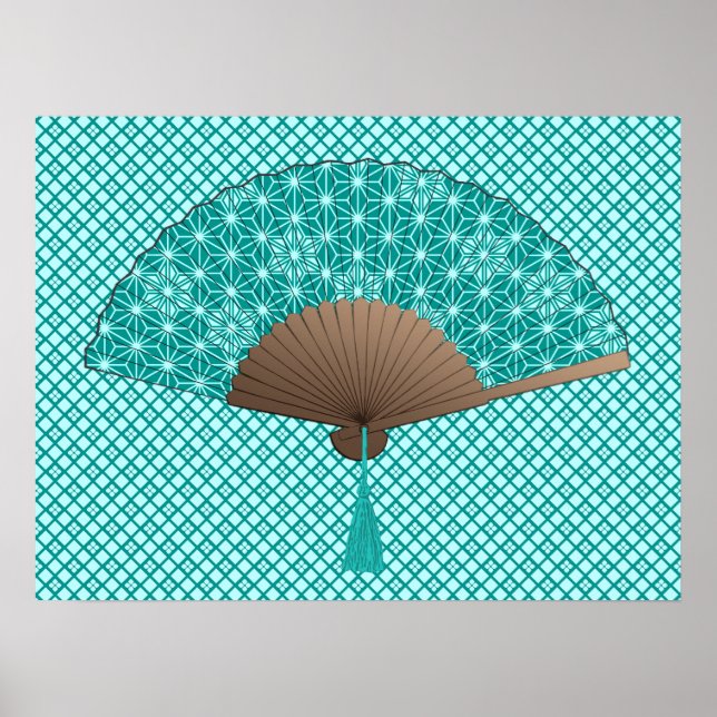 Poster Ventilateur japonais en Asanoha motif, Turquoise (Devant)