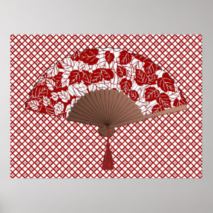 Poster Ventilateur japonais en papier feuille, rouge fonc