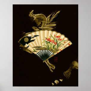Poster Ventilateur oriental criblé au design floral