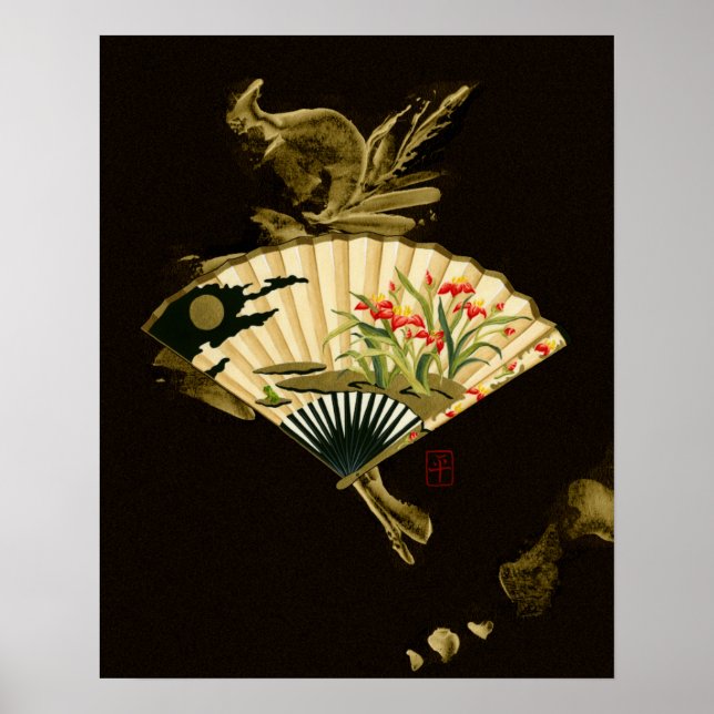 Poster Ventilateur oriental criblé au design floral (Devant)