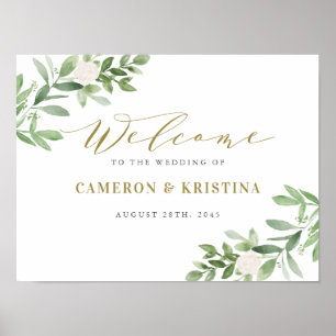 Poster Verdure et blanc Floral Mariage or Bienvenue