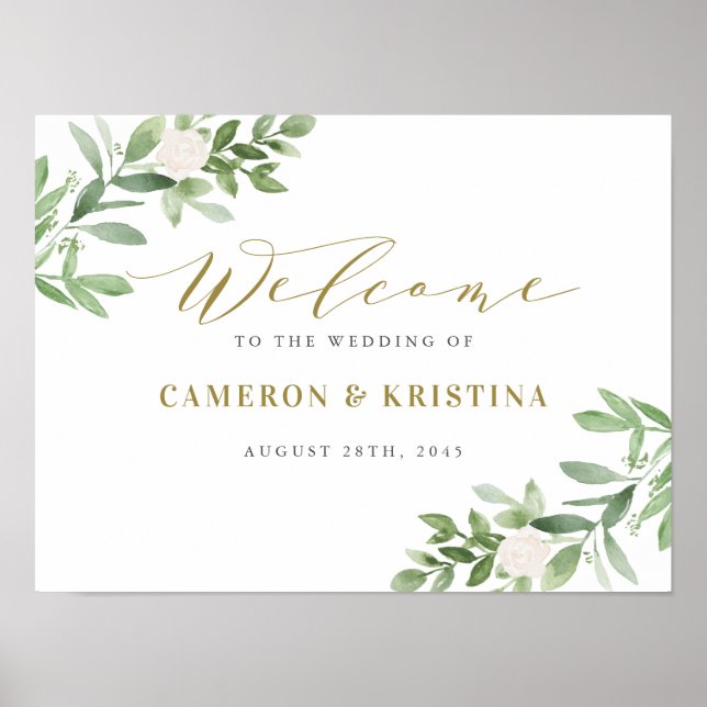 Poster Verdure et blanc Floral Mariage or Bienvenue (Devant)