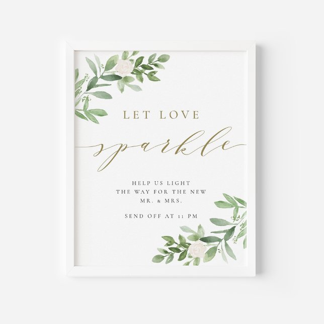 Poster Verdure et Fleur Blanche laissez l'amour Étincelle (Watercolor Greenery and White Flowers Let Love Sparkle Wedding Poster)