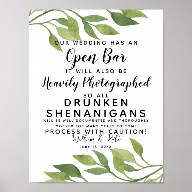Poster verdure feuillage Open Bar signe mariage (Devant)