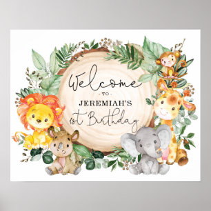 Poster Verdure Safari Animaux Sauvages Un Anniversaire Bi