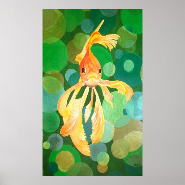 Poster Vermilion Poisson D'Or Nager Dans Les Bulles Verte (Devant)