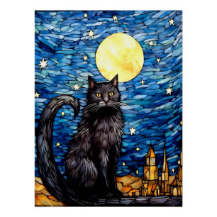 Poster Verre tendu Chat noir Starry nuit
