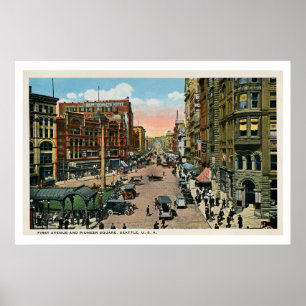 Poster vers 1900 Seattle First Avenue et Pioneer Carré
